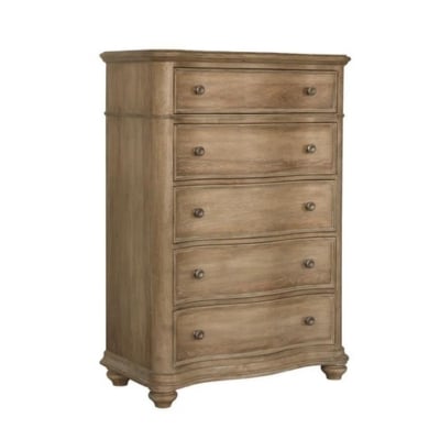 A curved chest of drawers in a beige color.