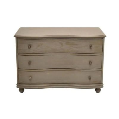 A wooden curved dresser with a front boasting three drawers, each adorned with a round knob. The dresser stands gracefully on four small rounded legs.