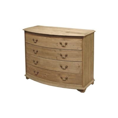 A curved wooden chest of drawers on a white background.