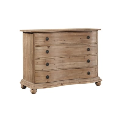 A curved wooden chest of drawers with four drawers.