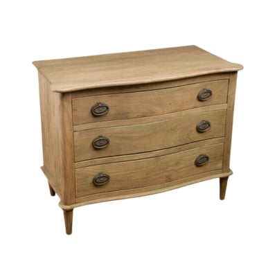 A wooden chest of drawers with metal handles and curved dressers.