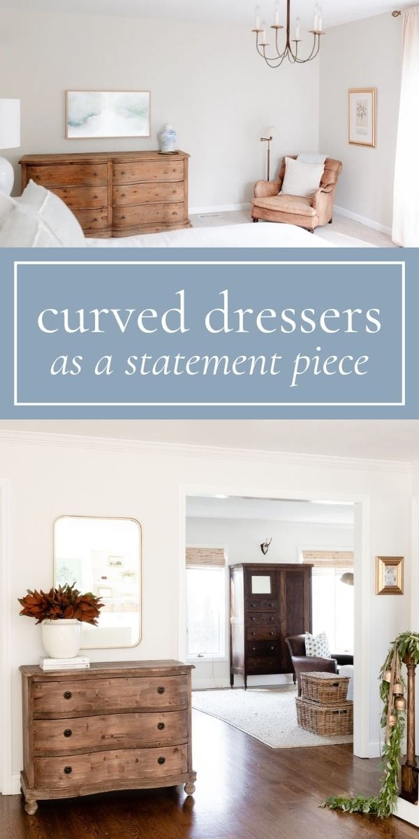 Two rooms feature curved dressers as focal points, each styled with minimal decor, art, or mirrors, highlighting the furniture as statement pieces in neutral, well-lit spaces.
