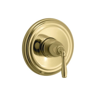 A brass shower fixture with a handle on a white background.