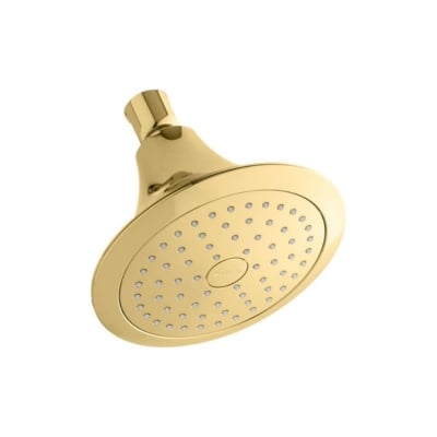 A brass shower head on a white background.