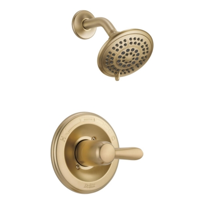 A shower faucet with a brass handle and brass shower head.