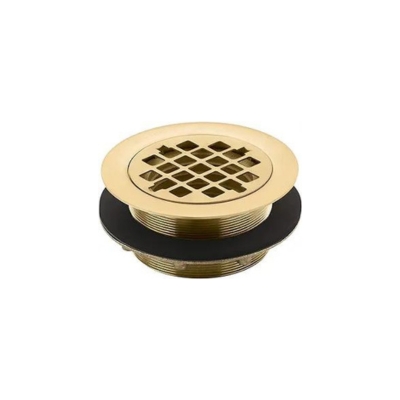 A brass drain with a black cover on a white background, showcasing exquisite brass elements and durable black fixtures.
