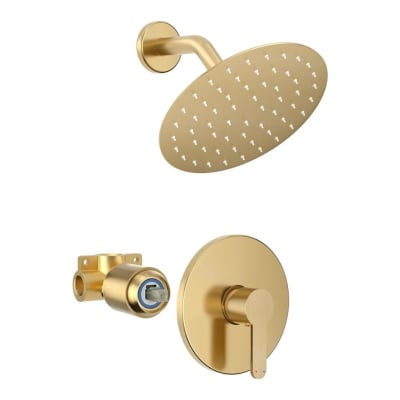 An image of a gold shower head and hand shower with brass shower fixtures.