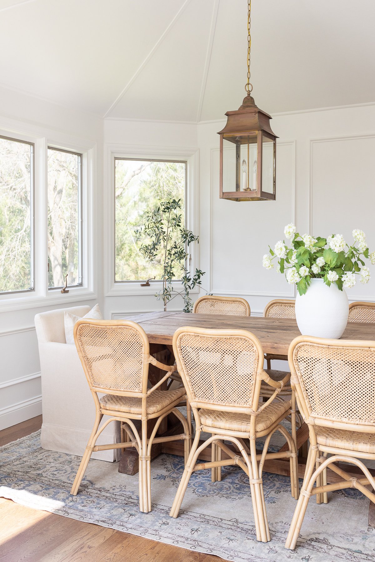 A white dining room with a wicker table and chairs featuring an indoor olive tree.