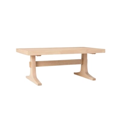 A wooden table with a pottery barn look for less, set on a white background.