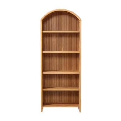 A beautiful wooden bookcase with a pottery barn look for less, displayed on a clean white background.