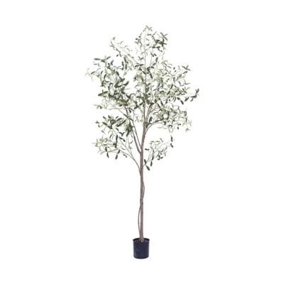 A tall artificial potted plant with thin branches and green leaves, exuding a pottery barn look for less, stands elegantly against a white background.