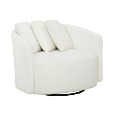 A white swivel chair with pillows on it, offering a Pottery Barn look for less.