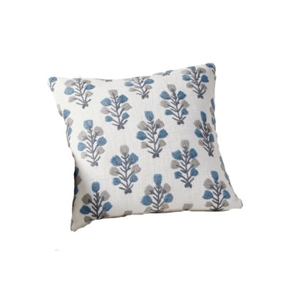 Square throw pillow with a white background featuring a repeating pattern of blue and grey floral designs, offering a Pottery Barn look for less.