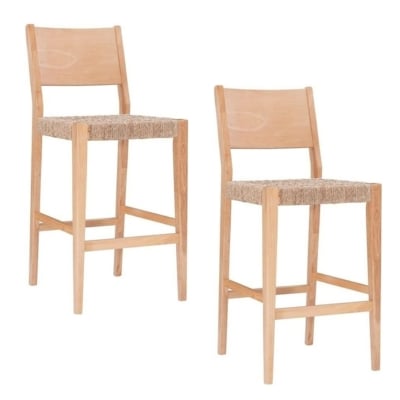 Two wooden bar stools with a pottery barn look for less, on a white background.