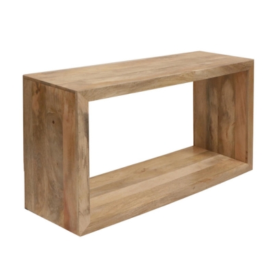 A affordable wooden console table with a wooden shelf, offering a Pottery Barn look for less.