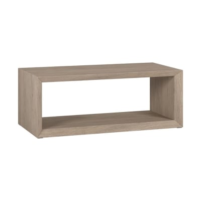 A wooden coffee table with a shelf on top, offering a Pottery Barn look for less.
