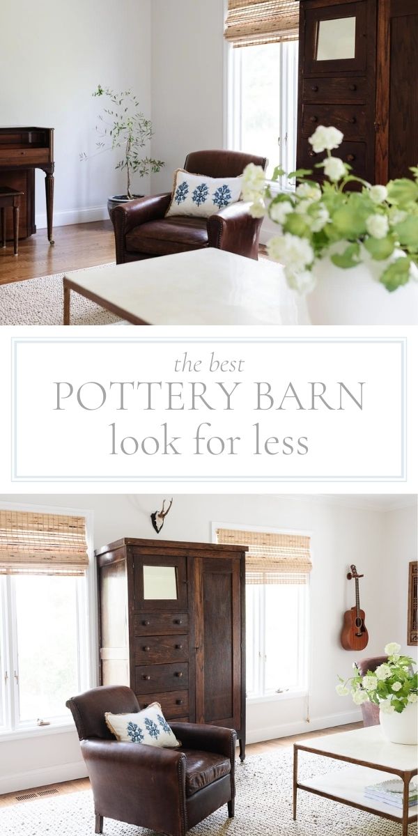 A room with a brown chair and a white table, featuring a Pottery Barn look for less.