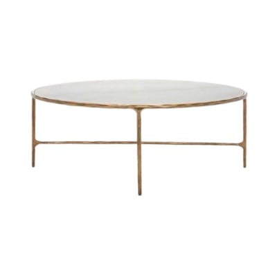 A round coffee table with a gold frame and marble top, offering a RH Look for Less.