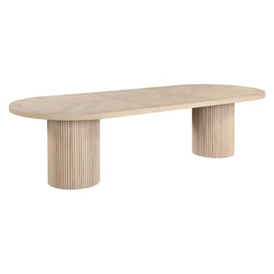 A rectangular dining table with a wooden base, available at an affordable price similar to the RH Look for Less.