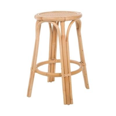A rattan bar stool with a wooden seat, perfect for those seeking Serena and Lily dupes.