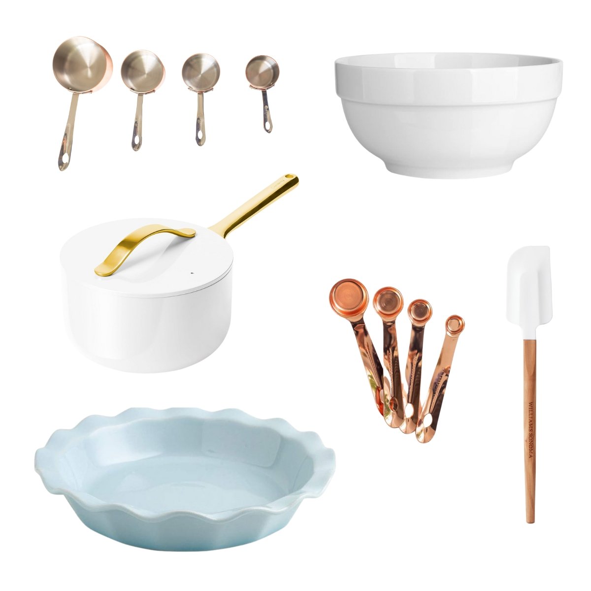 A collection of caramel pecan pie bowls and spoons.