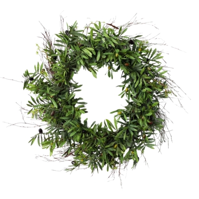 A front door wreath with green leaves and berries on a white background.