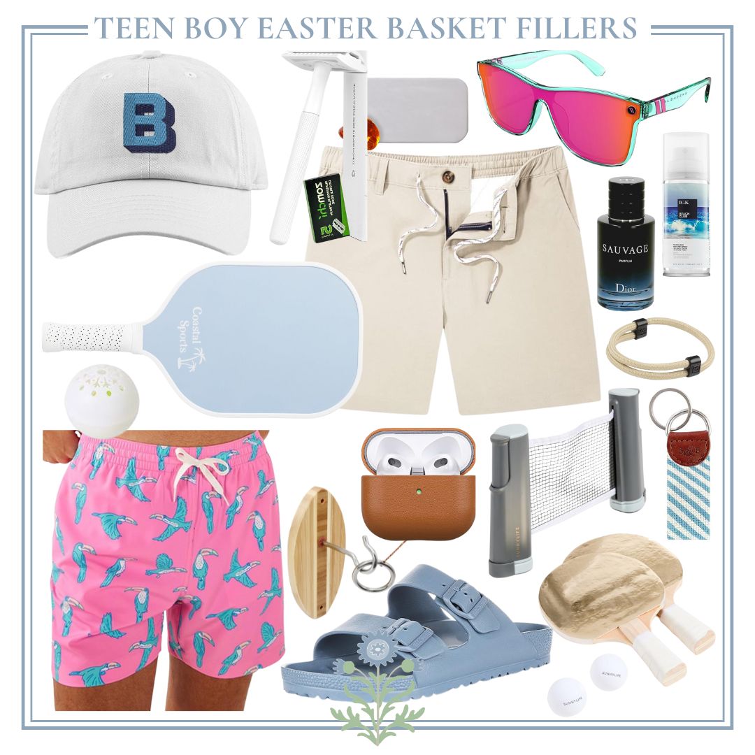 Discover our Easter basket fillers for teen boys, featuring a stylish cap, paddle, sunglasses, cologne, shorts, sandals, skincare essentials, and a mini game set—all wrapped in a trendy pastel color theme.