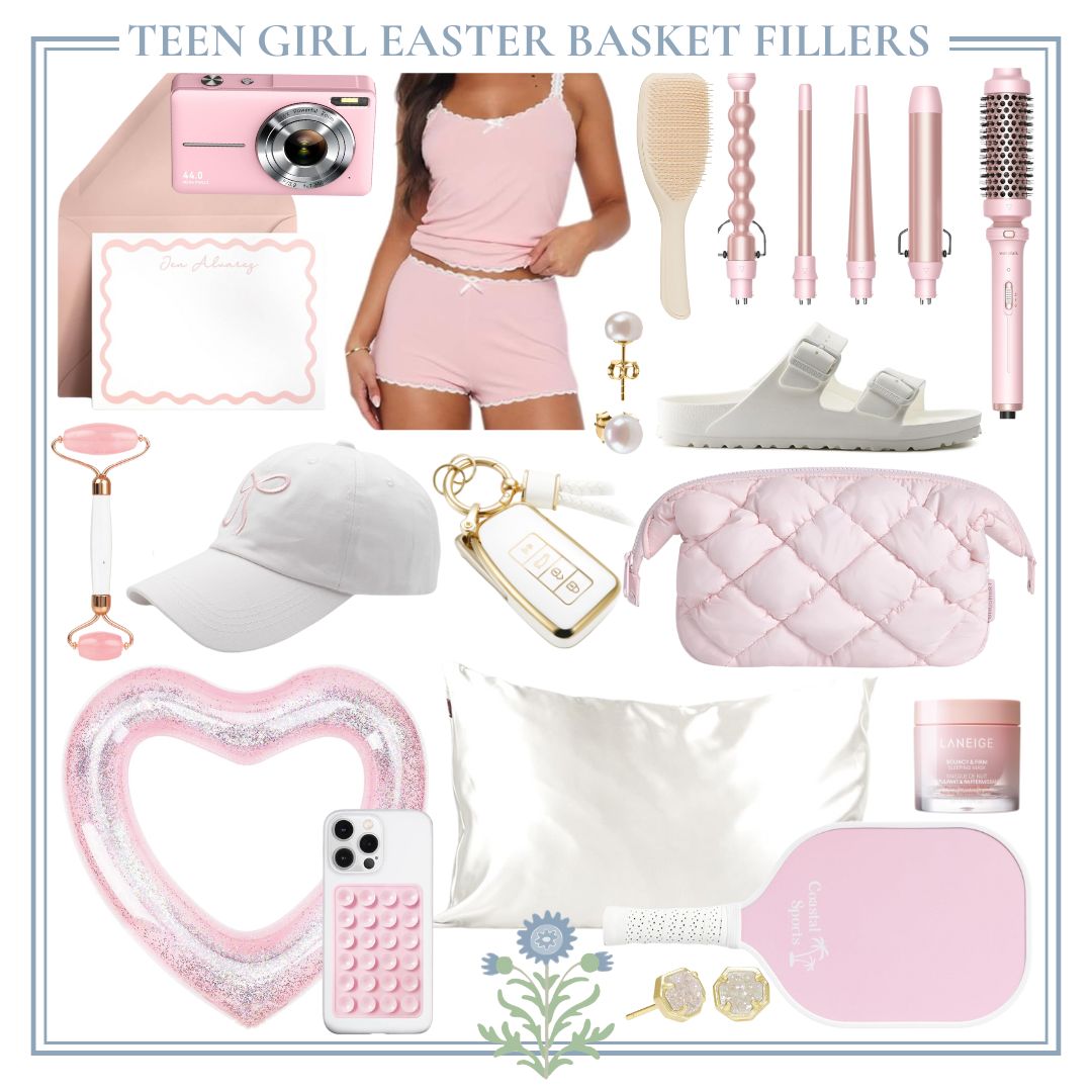 Discover the perfect Easter basket fillers for teen girls with our collection of skincare tools, a chic pink camera, cozy slippers, trendy clothing, stylish hair accessories, a cute pouch, and must-have beauty products—all set against a crisp white background.