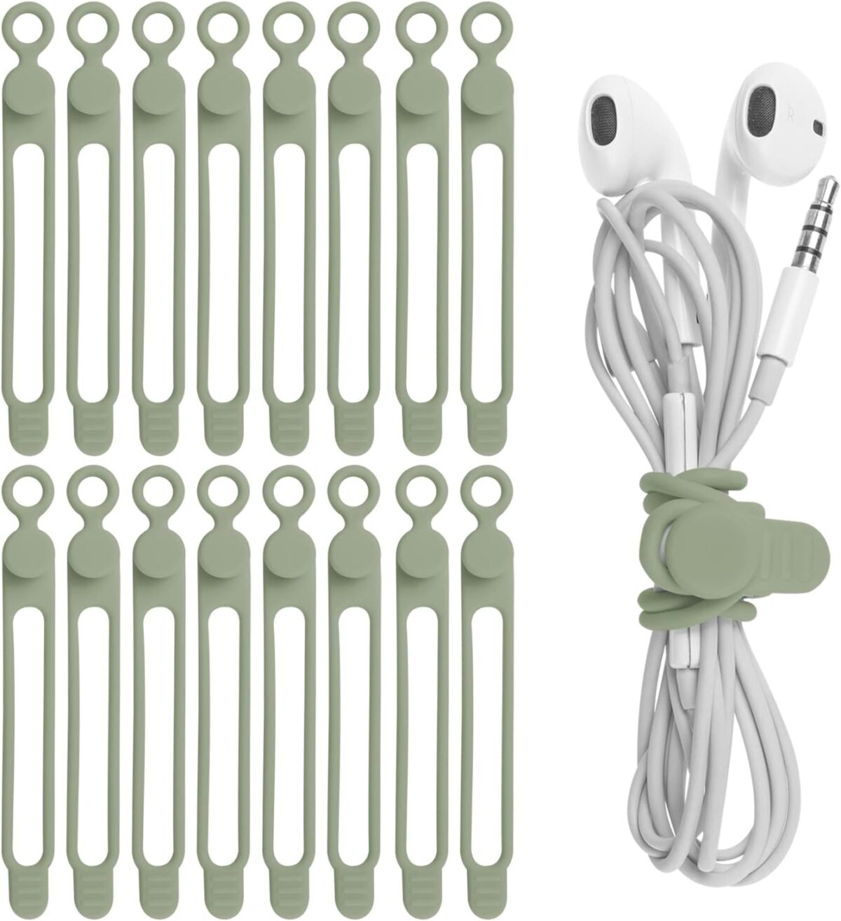         A pack of green earphone clips with a pair of earphones, perfect for Amazon gadget enthusiasts.