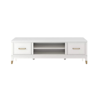 A white tv stand with two drawers, perfect for those looking for the Arhaus look for less.