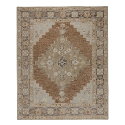 A brown and beige geometric rug with an Arhaus look for less.