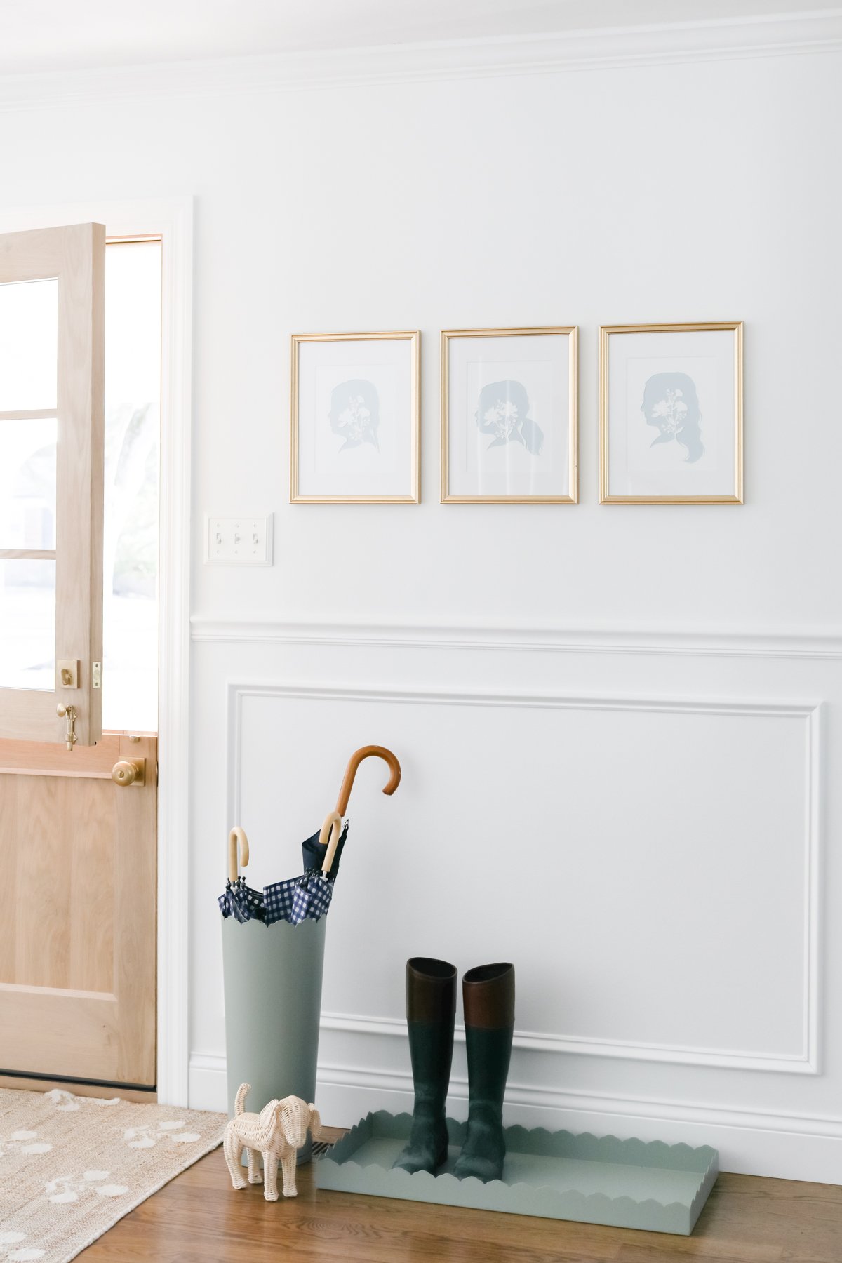 A white entryway with a coat rack and a pair of boot trays.