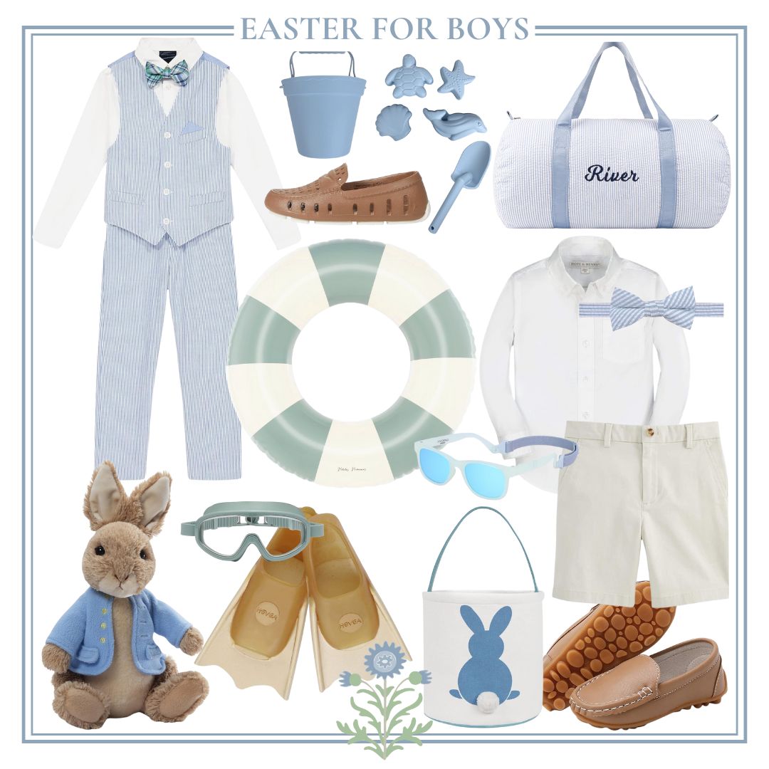 Collage of boys' Easter items: striped suit, shoes, basket with bunny design, sunglasses, swim ring, water toys as perfect Easter basket fillers, and a personalized duffle bag.