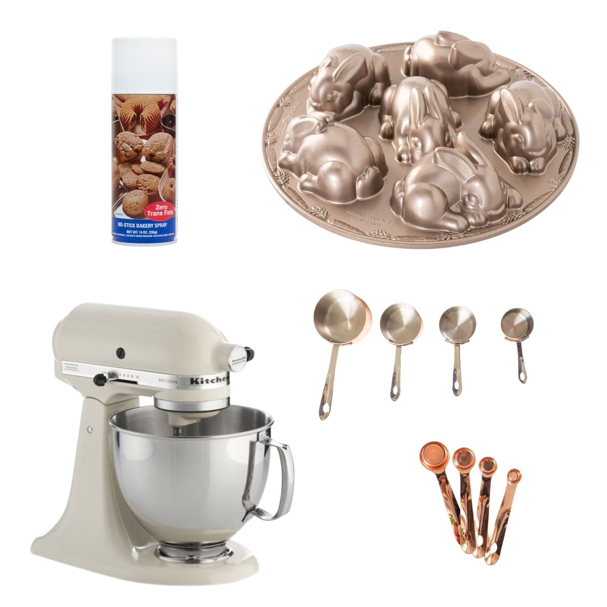 Looking to bake the perfect Easter Bunny Cake? This collection of kitchen essentials includes a kitchen aid mixer, a spoon, a spatula, and other must-have items to help you create a delightful dessert.