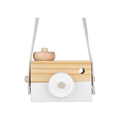 A wooden camera on a white background - perfect for easter basket fillers.