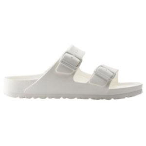 White slide sandal with two adjustable buckle straps, textured footbed, and flat sole shown in side profile. Perfect for slipping into an Easter basket as a fun and functional filler.