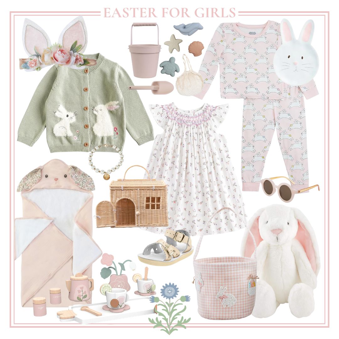 Collage featuring Easter-themed clothing and accessories for girls, including pajamas, a dress, a sweater, bunny slippers, a plush toy bunny, and a toy tea set—perfect Easter basket fillers.