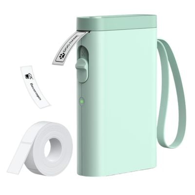 A mint green handheld label maker with a wrist strap, shown printing a label, sits alongside two rolls of label tape—a must-have among amazon gadgets for staying organized in style.