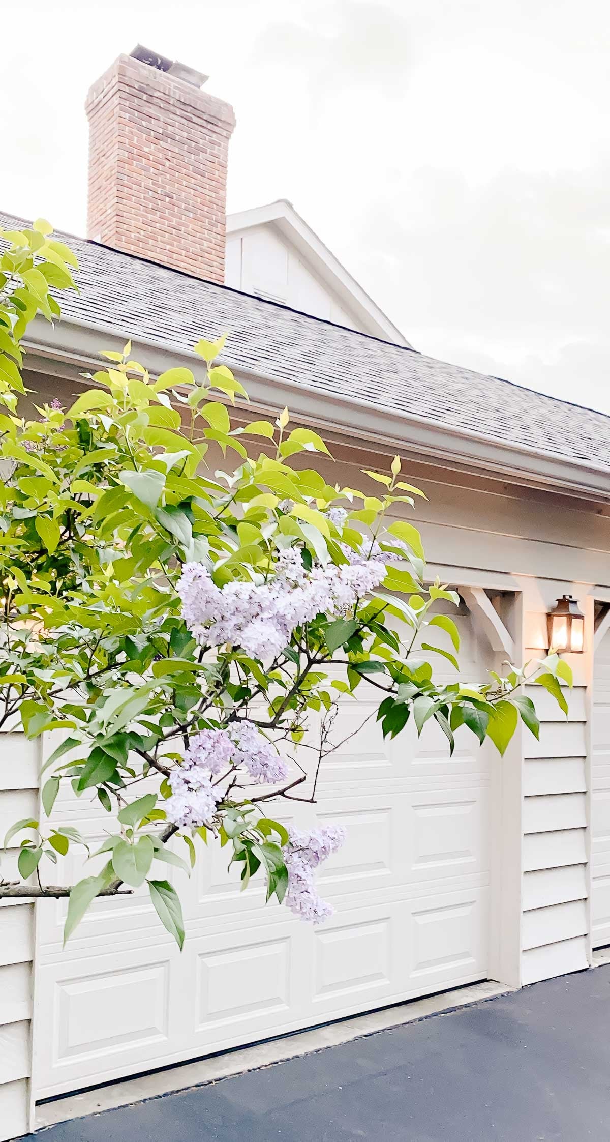 A branch with light purple flowers stands in front of a white garage door and light gray house, with a brick chimney visible on the roof—offering a tranquil scene that feels far removed from the bustle of modern life and amazon gadgets.