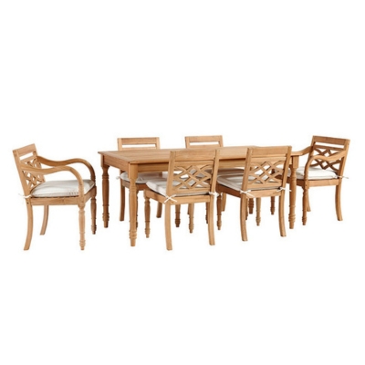 A teak patio furniture dining set with six chairs.