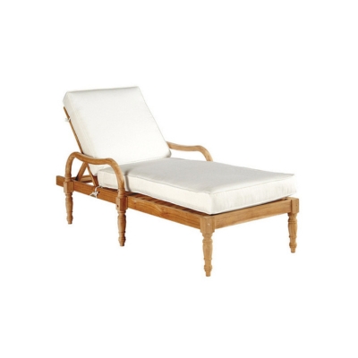 A wooden chaise lounge, a perfect piece of patio furniture, adorned with a crisp white cushion.
