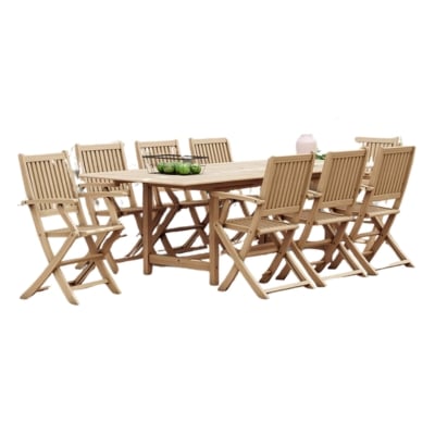 A teak dining set with six chairs and a table, perfect for patio furniture.