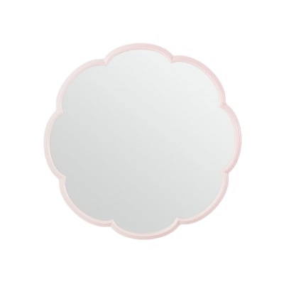 A pink flower shaped mirror on a white background.