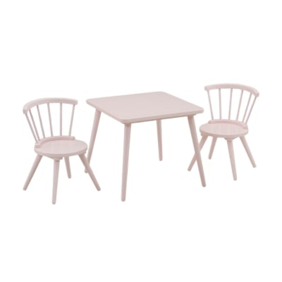 A pink table and chairs with a white background.