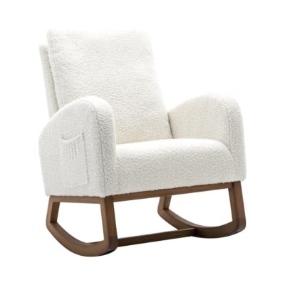 A white rocking chair with wooden legs.
