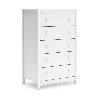 A white five-drawer dresser with round knobs and a scalloped bottom edge, offering that charming Pottery Barn Kids look for less.