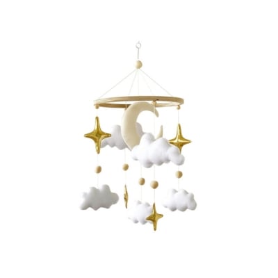 A mobile with stars and clouds hanging from it.