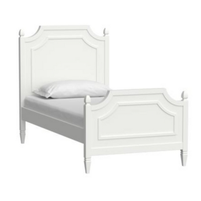 A white bed with a wooden headboard and footboard.