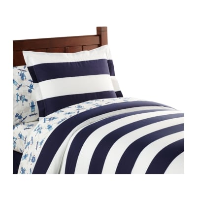 Navy and white striped comforter set.