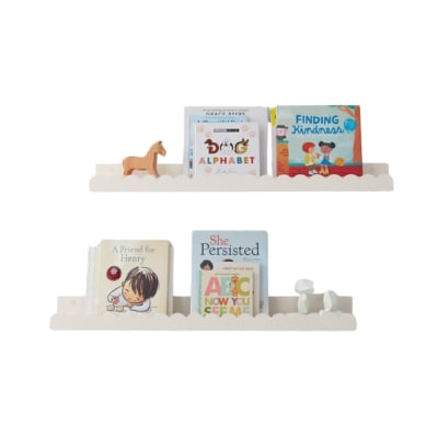 A white shelf with books and toys on it.